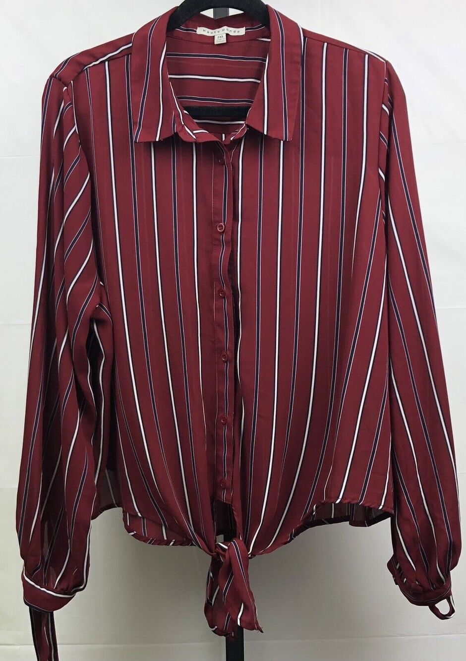Haute Monde Button Up Blouse Women 2XL Maroon Stripe Semi Sheer Tie Waist & Cuff